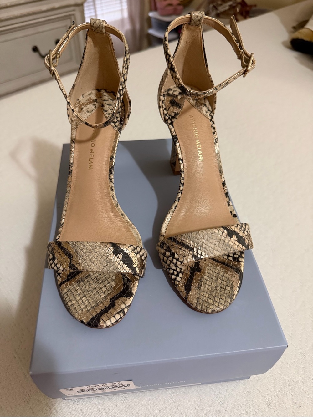ANTONIO MELANI New Size 6 Snake-Print Beige and Brown Ankle-Strap Sandals